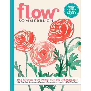 Cover des „Flow Sommerbuchs“ mit roter Schrift, gezeichneten roten Blumen und grünem Stiel auf beigem Hintergrund; oben rechts ein Kreis mit Preisangabe.