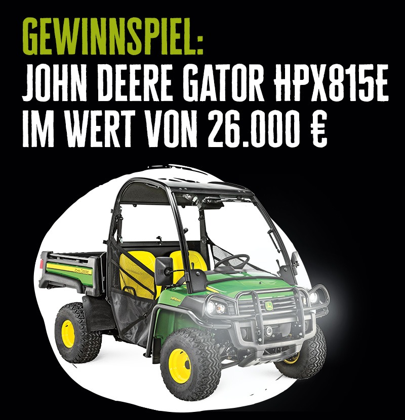 Text: Gewinnspiel: John Deere Gator mit einer Abbildung des gewinns daneben