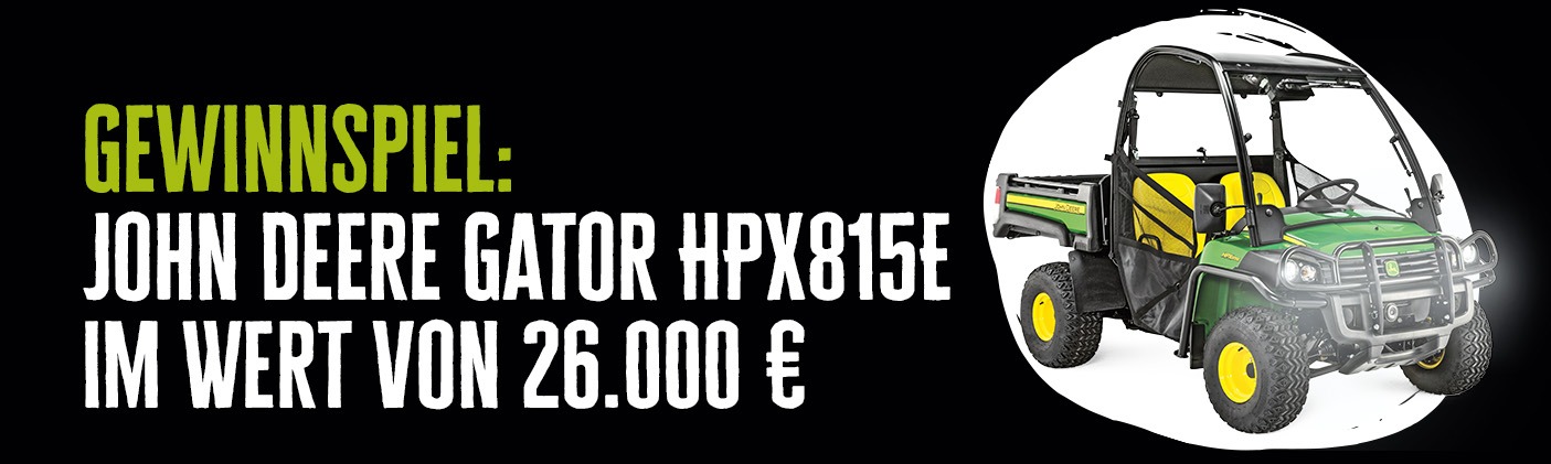 Text: Gewinnspiel: John Deere Gator mit einer Abbildung des gewinns daneben
